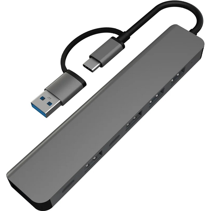 USB Type-C Хаб PERO MH06, USB-С/USB-A TO 2xUSB-C + USB 3.0 + 4xUSB 2.0, серый