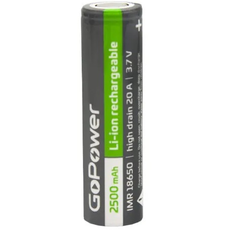 Аккумулятор GoPower IMR18650 2500mAh PC1 20A 3.7V без защиты выс.ток плос.конт. (1/100/400)