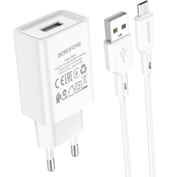 Сетевое ЗУ 1USB 2.1A BOROFONE BA68A, Glacier, microUSB, белый