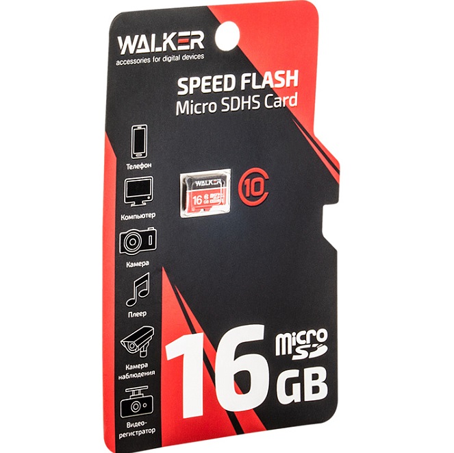 Micro SD 16Gb WALKER Class 10, 75-20 Мб/с, UHS-1