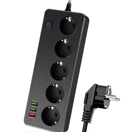 Сетевой фильтр  2.0м SF501 5 розеток,3 USB,1 Type-C чёрный с выкл.