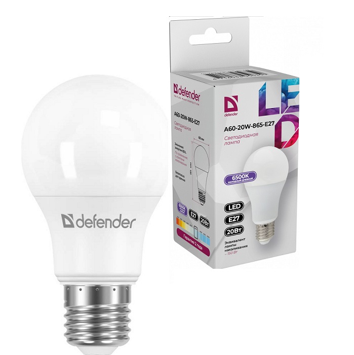 Лампа светодиодная DEFENDER A60 15W/6500K/E27 груша холодный дневной (10/100)