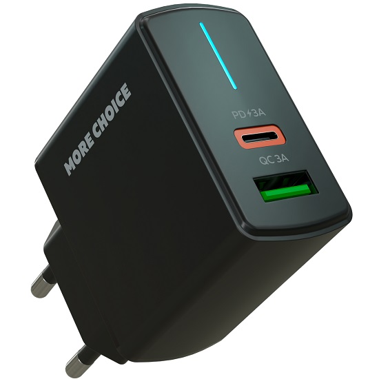 Сетевое ЗУ 1USB/1Type-C 3A MORE CHOICE NC61a Black, 20Вт