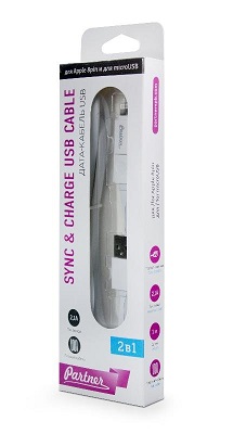 Кабель USB <--> microUSB/Lightning  1.0м PARTNER плоский белый