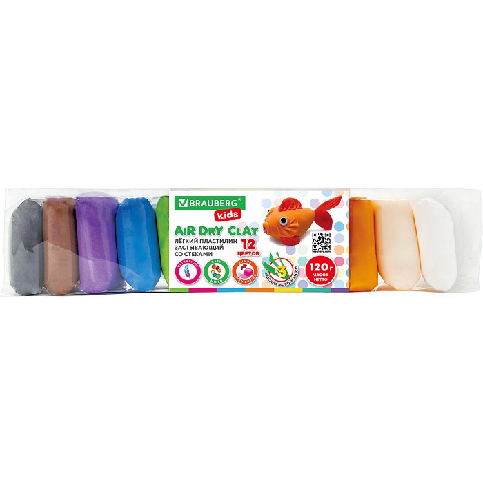 Пластилин BRAUBERG KIDS супер лёгкий застывающий 12 цв 120г, 3 стека