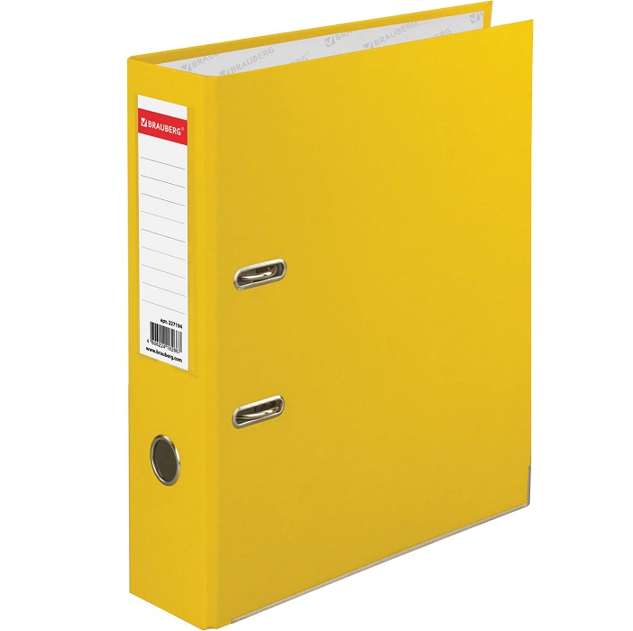 Папка-регистратор BRAUBERG с покрытием из ПВХ, 80 мм, с уголком, желтая (удв. срок службы), 227194