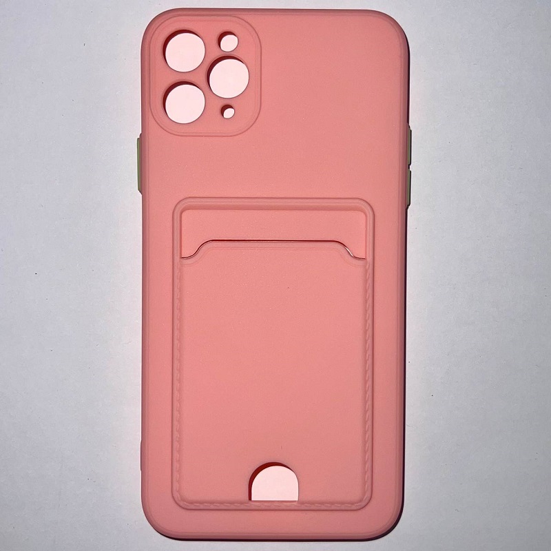Силиконовый чехол BUTTON для iPhone 11 PRO MAX, розовый , с карманом для пластик карт