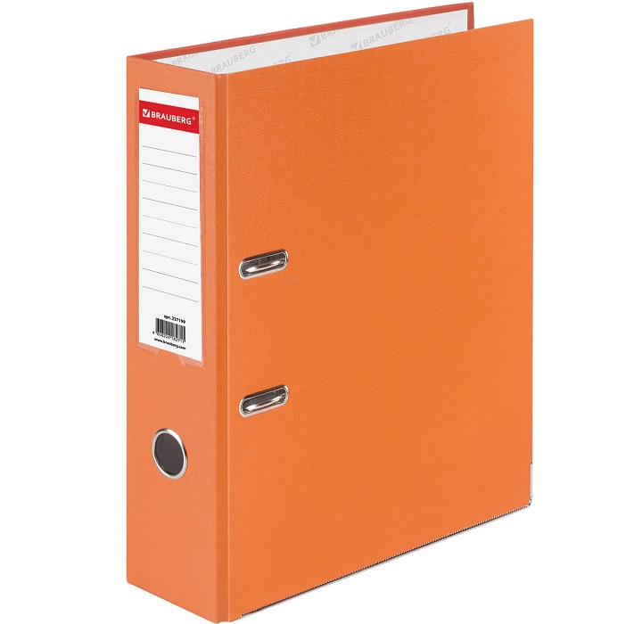 Папка-регистратор BRAUBERG с покрытием из ПВХ, 80 мм, с уголком, оранжев. (удв. срок службы), 227199