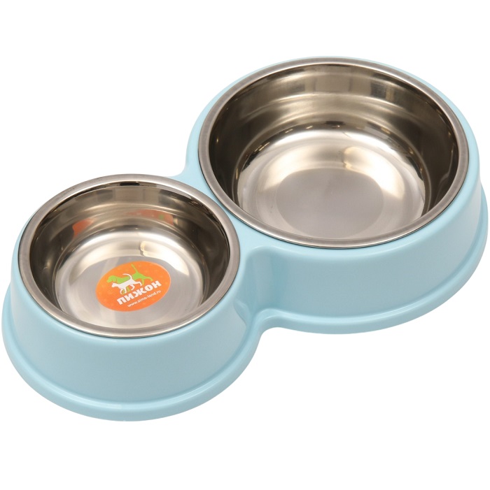 Миска металлическая двойная на пластиковом основании, 28×17.3×5 см, голубая