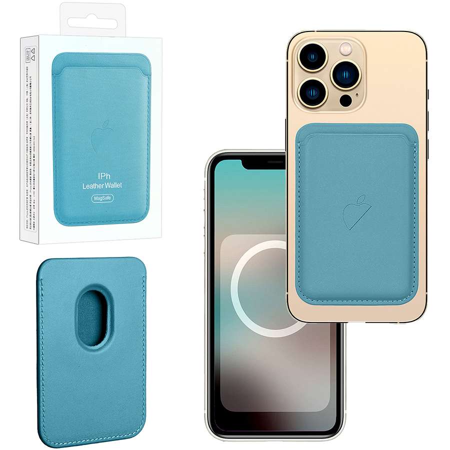 Кошелек для карт Leather Wallet Sky Blue iPhone 12-15 Pro Max (Анимация NFC Clear) с лого