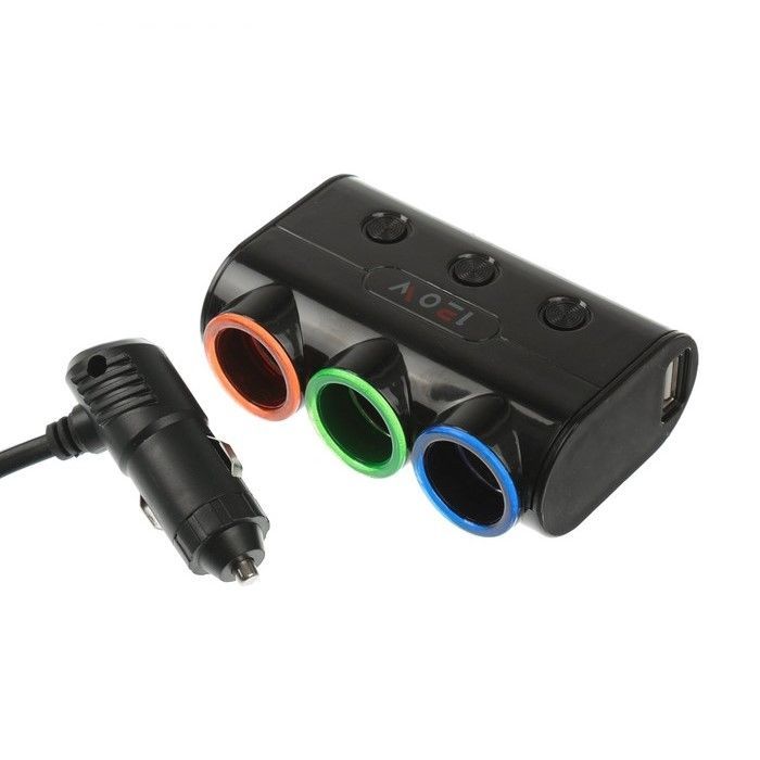 Разветвитель прикуривателя, 3 гнезда 2 USB с подсветкой, провод 60 см, черный 3130973