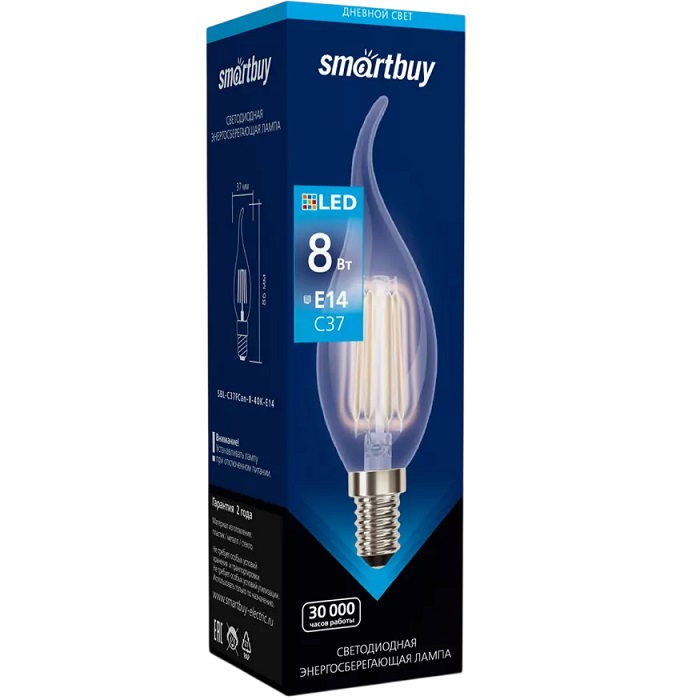 Лампа светодиодная SMARTBUY C37 свеча 8W/4000K/E27 (теплый свет)