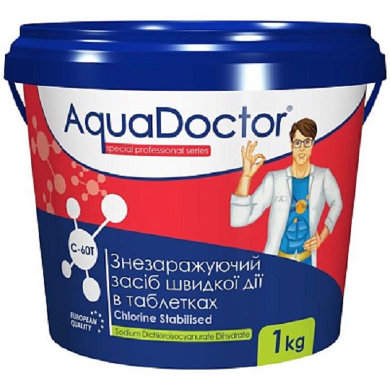 AQ17509, AquaDoctor, ХЛОР, 1кг ведро, табл.20гр, быстрорастворимый, на основе 60% активного хлора (C60T-1), уп.1