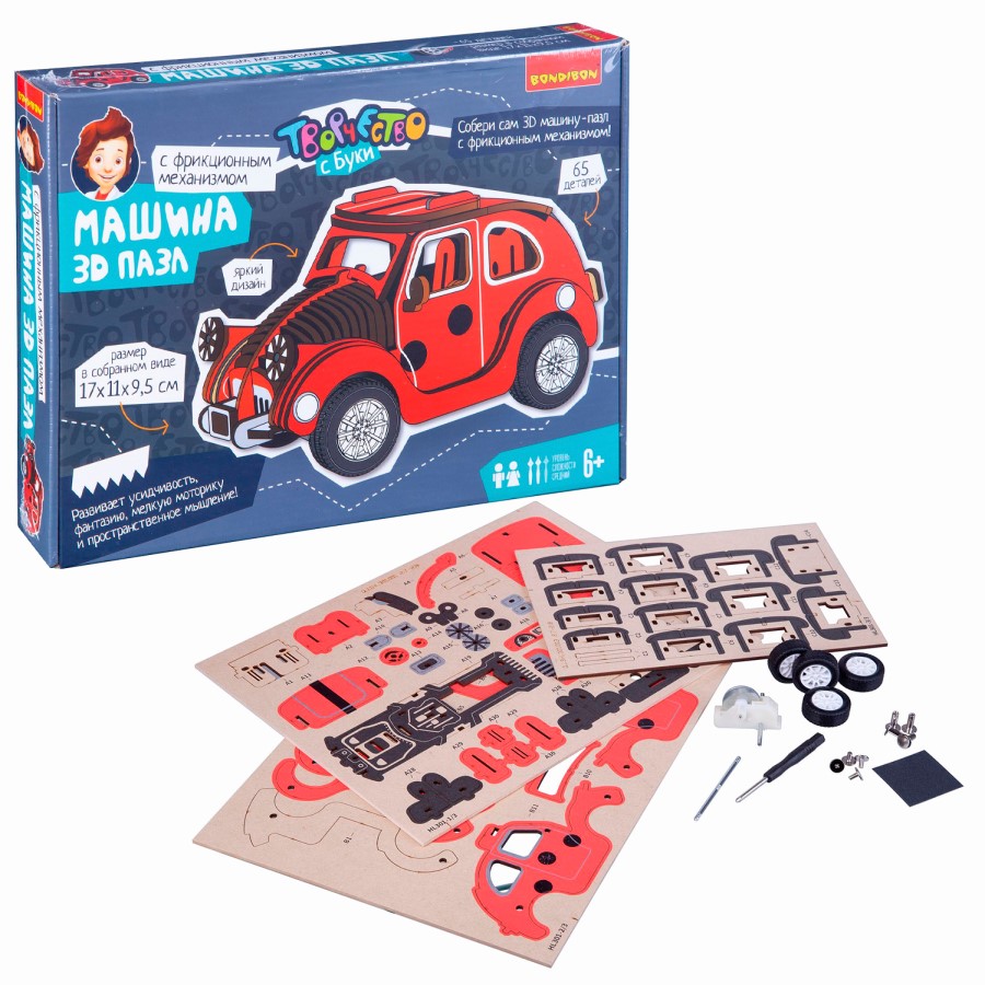 МАШИНА BONDIBON деревян 3D пазл 65 дет. красный ВВ4682