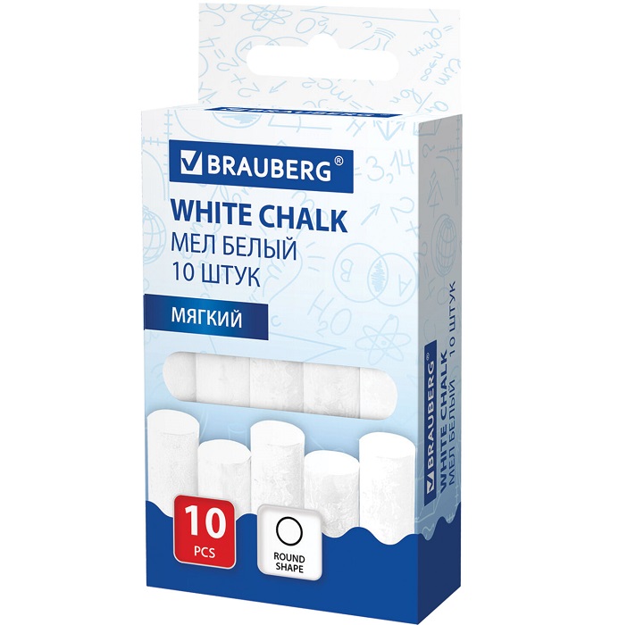 Мел белый круглый мягкий, 10 штук, BRAUBERG