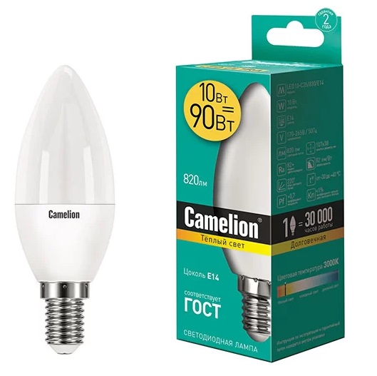 Лампа светодиодная CAMELION C35 10W/830/E14