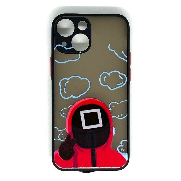 Задняя накладка AKSS для iPhone 13 mini "Игра в кальмара", черный, матовая с цветными краями и защитой камеры