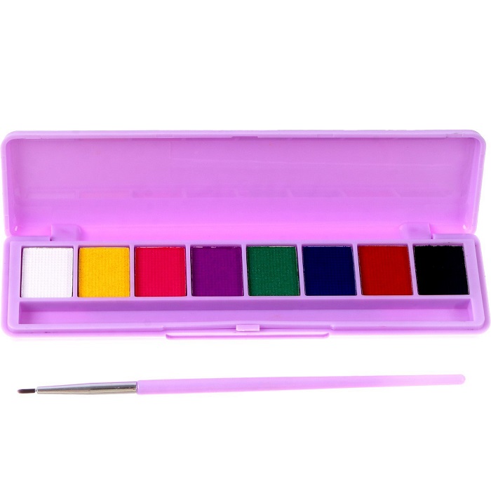 Аквагрим профессиональный для лица и тела 8 цветов, 2 светятся от ультрафиолета + кисть