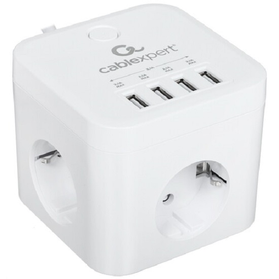 Сетевой фильтр  1.5м CABLEXPERT Cube CUBE-3-U4-W-1.5, белый, 3 розетки, 10А, 4USB, ур.защиты 4+, коробка