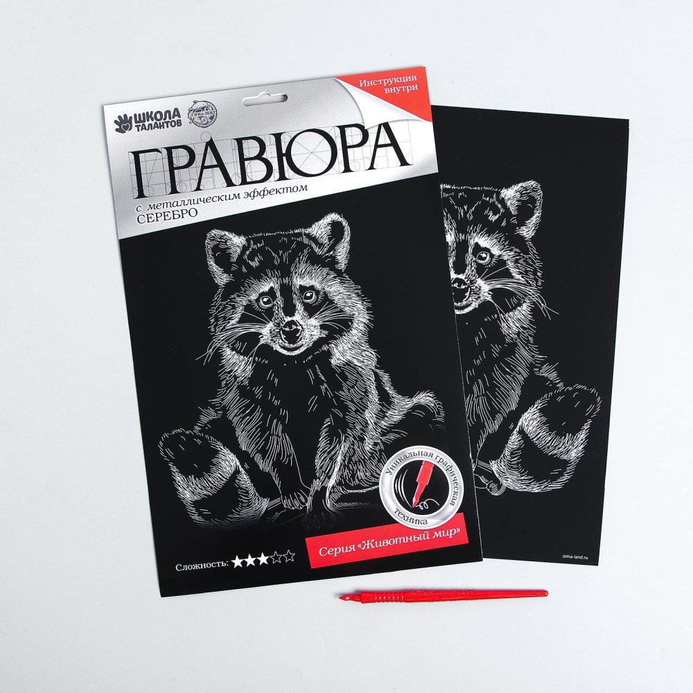 Гравюра на подложке "Енот" с металлическим эффектом серебра А4