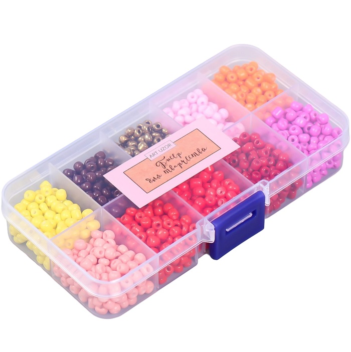 Бисер стекло 6/0 в шкатулке 10 делений "Красно-розовый" 1 деление=10 гр 12,8х6,5х2,2 см   9359051