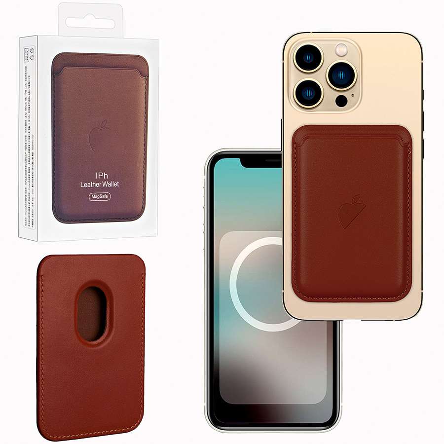 Кошелек для карт Leather Wallet Umber iPhone 12-15 Pro Max (Анимация NFC Clear) с лого