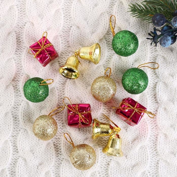 Набор украшений пластик 13 шт "Новогодний бум" (6 шаров, 4 колокольчика, 3 подарка) 3 см 5043661