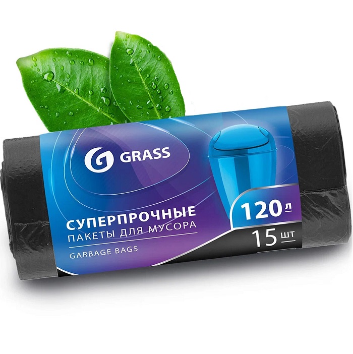Мешок для мусора GRASS в рулоне 120л, 65*105, 17мкр. (черный) (рул. 15 шт) (PP-0024)