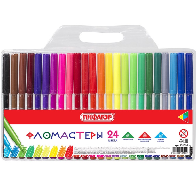 Фломастеры ПИФАГОР, 24 цвета, вентилируемый колпачок, 151092