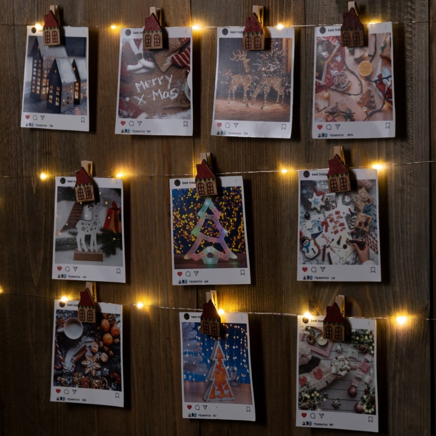 Гирлянда "Нить - Роса с насадками" 2 м, «Прищепки-домики», свечение тёплое белое, ААх2, IP20