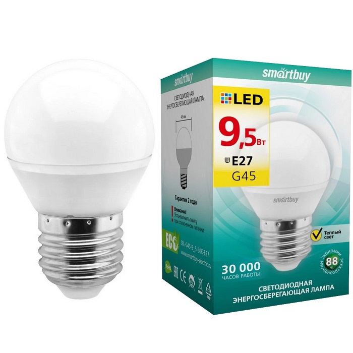 Лампа светодиодная SMARTBUY G45 9,5W/3000/E27 (глоб, теплый свет)