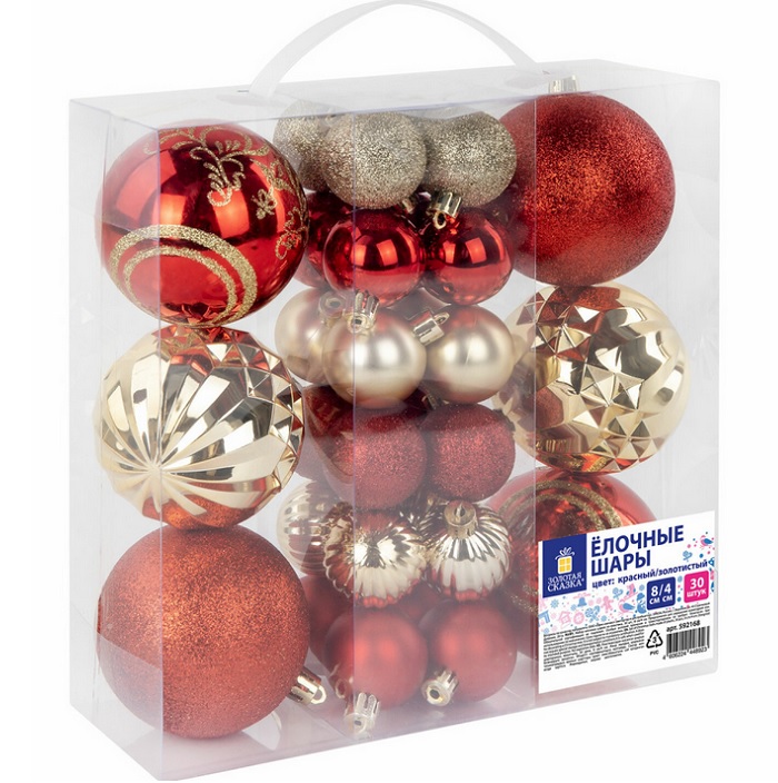 Шары ЗОЛОТАЯ СКАЗКА, 30шт, 8см/4см "Red&Gold", пластик,красные/золото, 592168