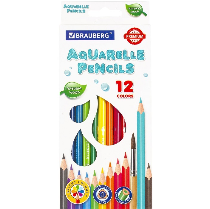 Карандаши цветные акварельные BRAUBERG PREMIUM AQUARELLE, 12 цв 181671