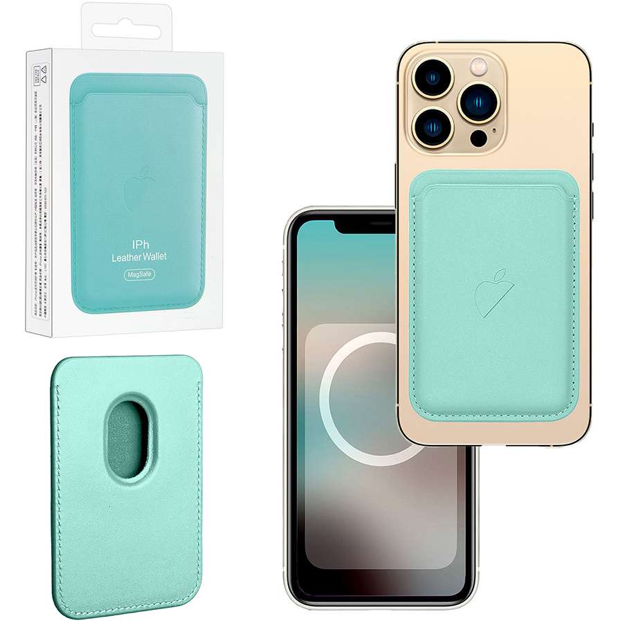 Кошелек для карт Leather Wallet Ice Sea Blue iPhone 12-15 Pro Max (Анимация NFC Clear) с лого