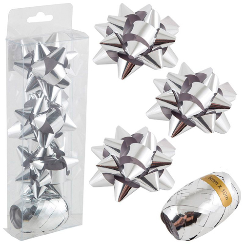 Набор для упаковки подарков, бантик 3шт 7,5см, лента 1шт 5мм*10м, серебро  SYH-371974