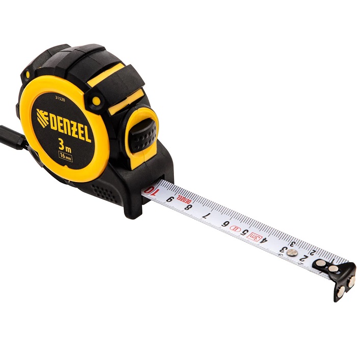 Рулетка 3м х 16мм DENZEL, автоматич. фиксац., нейлон. покрытие, магнит. зацеп, двухстор. разметка//31520