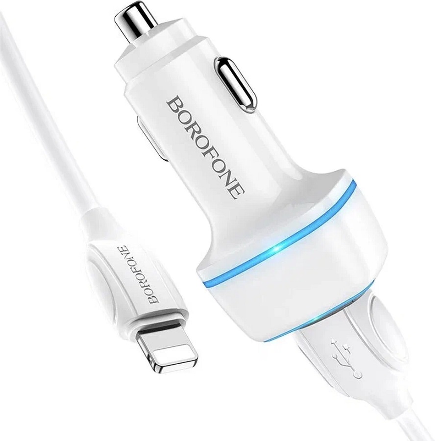 Авто ЗУ 2USB 2.4A BOROFONE BZ14, Max, Lightning, белый, 12Вт