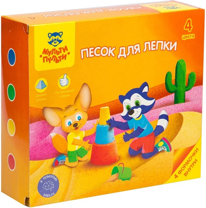 Песок для лепки Мульти-Пульти "Енот в пустыне", 04 цвета, 480г, в баночке, 4 формочки, карт.уп. ПН_16958