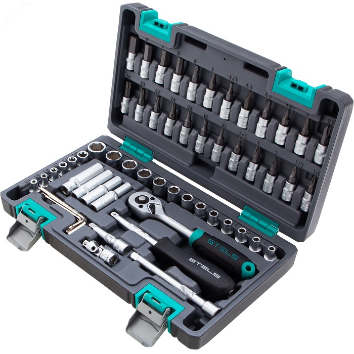 Набор инструментов, 1/4", CrV, пластиковый кейс 57 предметов Stels