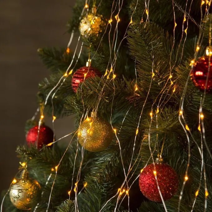 Гирлянда "Нить - Роса" 100 м, свет теплый, провод серебро, с пультом от сети, 8 режимов