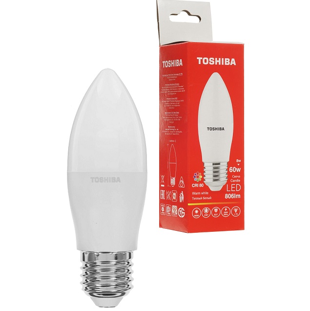 Лампа светодиодная Toshiba C39 свеча 8 W/3000K/E27 тёплый белый