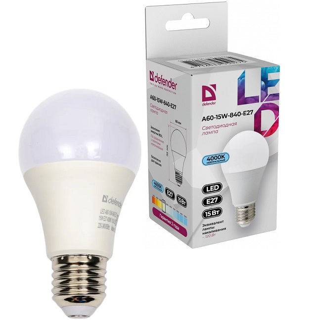 Лампа светодиодная DEFENDER A60 15W/4000K/E27 груша нейтральный белый (10/100)