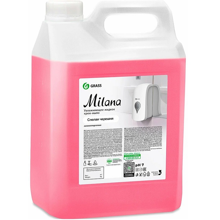 Жидкое крем-мыло увлажняющее GRASS "Milana спелая черешня" (канистра 5кг) 126405
