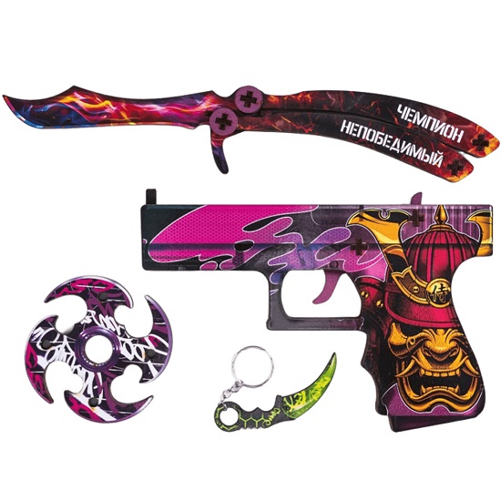 Сувенирное деревянное оружие «Неон», набор 3 шт., пистолет, нож-бабочка, сюрикен 9874790