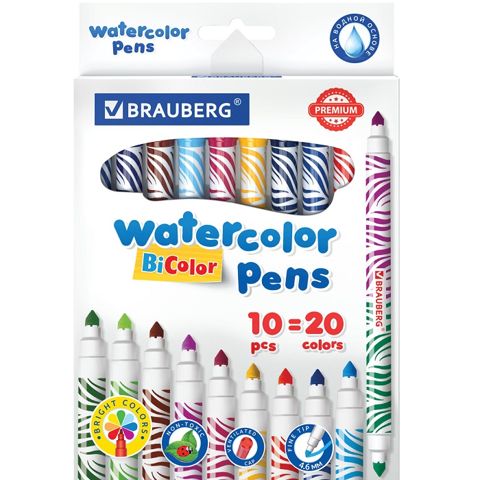 Фломастеры BRAUBERG PREMIUM BI-COLOR, 10 шт., 20 цветов, двухцветные, 151945