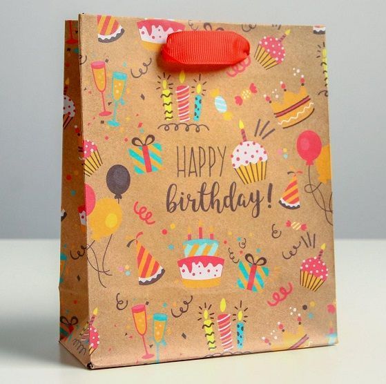 Пакет крафтовый вертикальный «Happy birthday», S 12 × 15 × 5.5 см 4764573