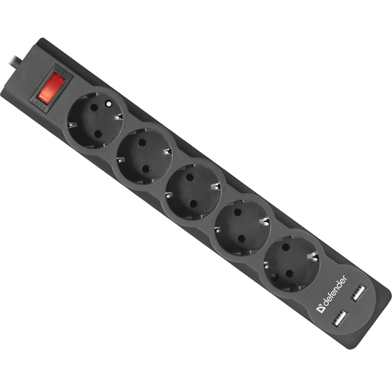 Сетевой фильтр 5.0м DEFENDER DFS 755, 5 розеток, черный, 2 USB порта