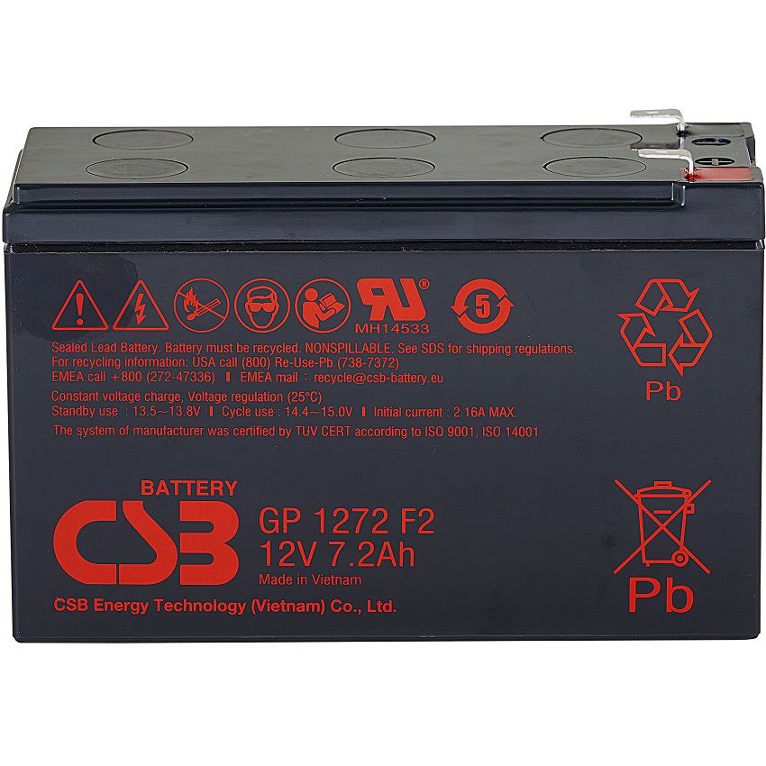Батарея CSB серия GP, GP1272, напряжение 12В, емкость 7.2Ач (разряд 20 часов), макс. ток разряда (5 сек.) 100А, ток короткого замыкания 304А, макс. то