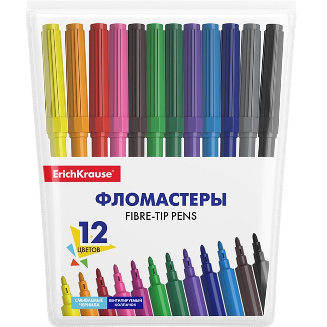 Фломастеры 12 цветов ErichKrause Basic, вентилируемый колпачок