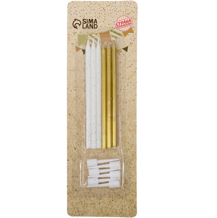 Свечи для торта "Блестящая вечеринка", 6 шт, белый, золотой и белый   10603404